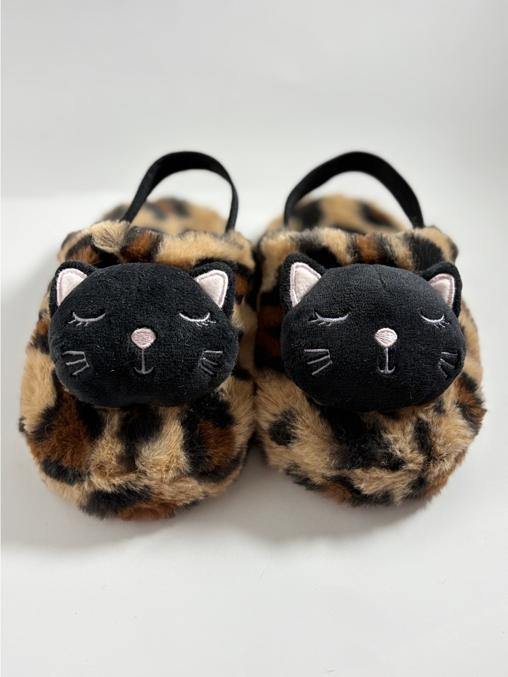 Toddler Faux Fur Leopard Black Cat Slippers Elastic Slingback Size M 7/8